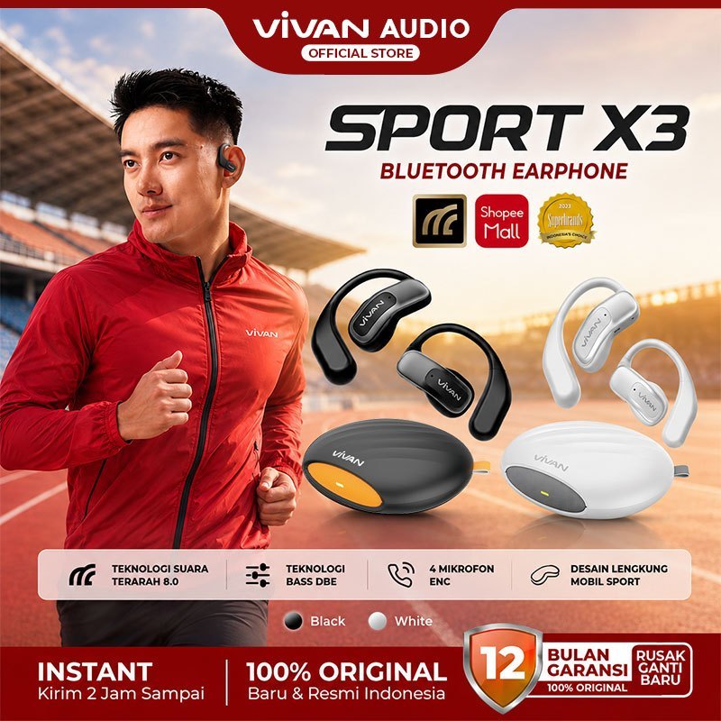 VIVAN SPORT X3 OWS Open Ear TWS IPX5 Dual ENC Audio Hi-Dynamic v5.4 Garansi 12 Bulan