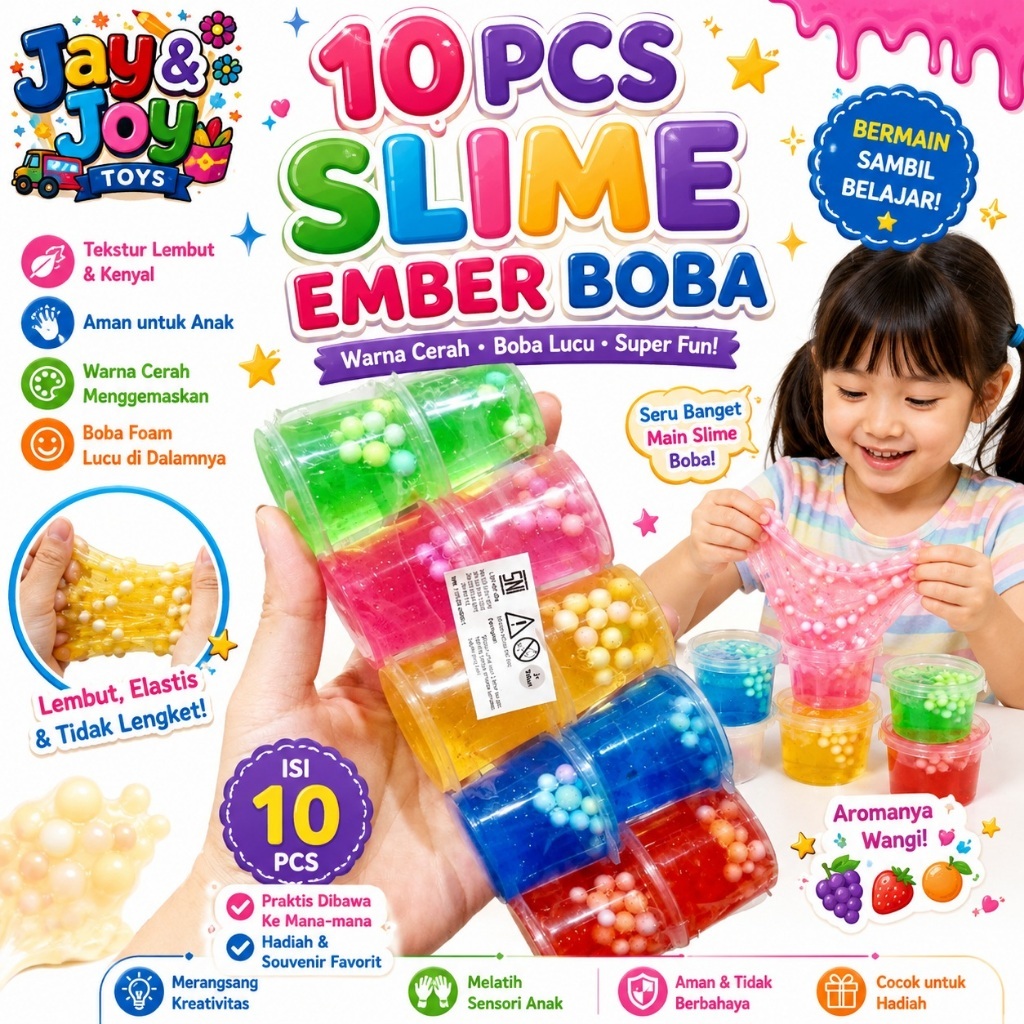 10 Pcs Slime Ember Boba Bening Mainan Anak Anak Seru Slime Warna Warni Slime Boba