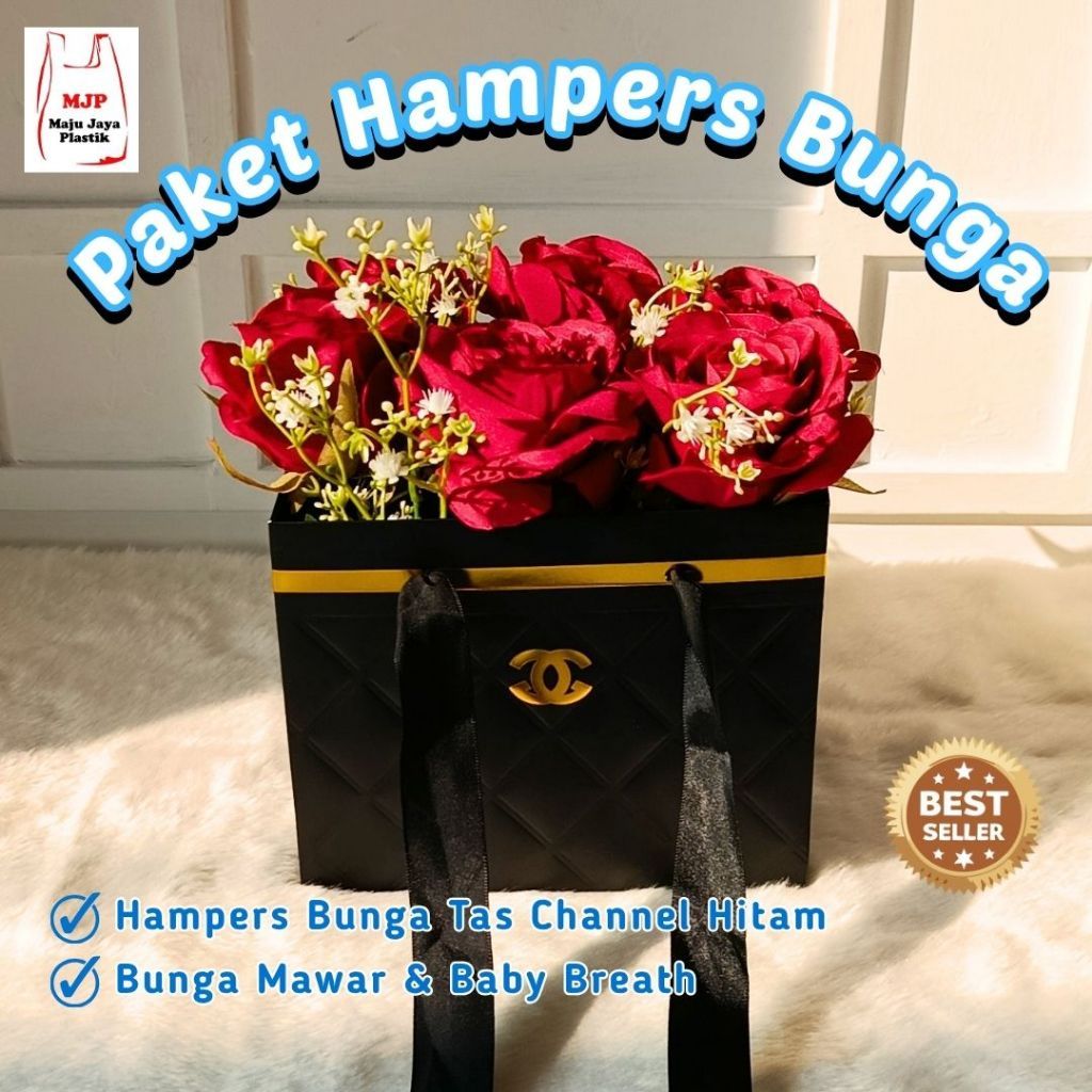 Paket Gift Hampers Bunga Tas Channel | Bunga Flower Hampers Premium Hitam Putih Pink