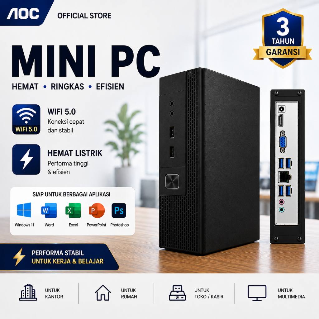 AOC Intel Core i5/i7 Komputer Mini, Paket Lengkap Desktop Mini (Mini-ITX) untuk Kantor, Rumah & Gami