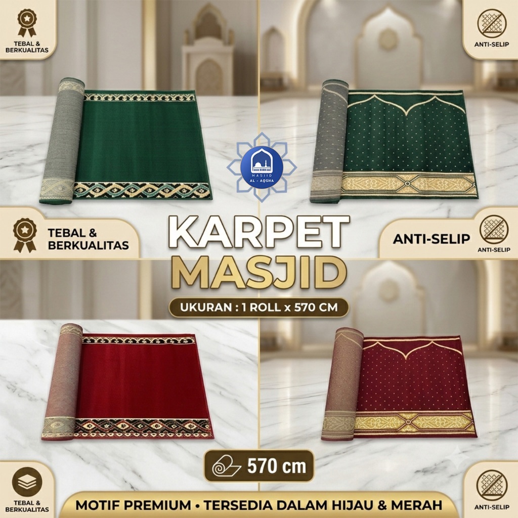 Karpet Masjid 1 Roll 105x570cm Polypropilen Solid Modern 4 Warna