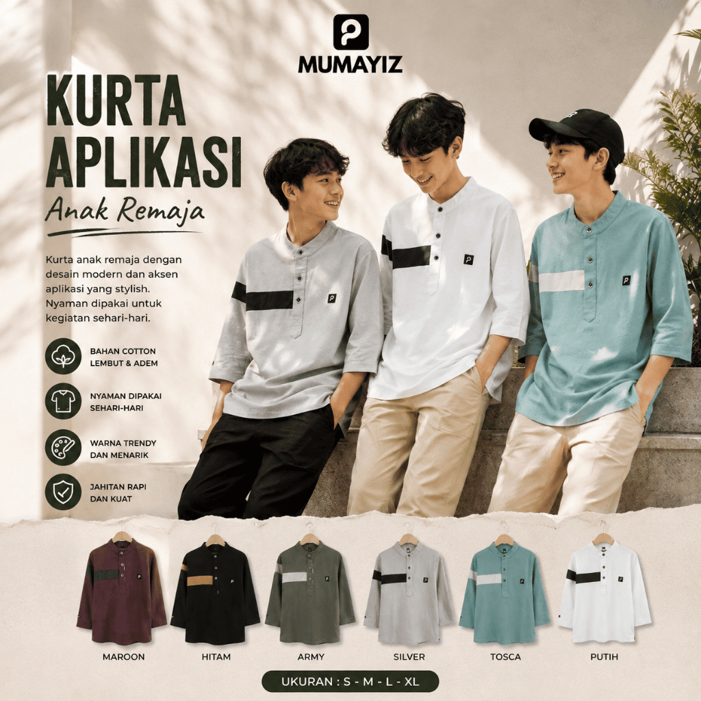 COVLEOS | MUMAYIZ Baju kurta anak lengan panjang 3/4 kombinasi warna usia 4-15 tahun