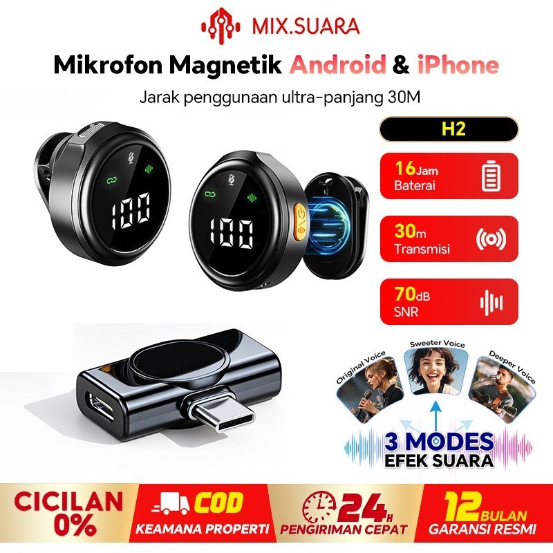 MIX.SUARA H2 Magnetic Wireless Microphone Clip on Mic  Plug &Play Mikrofon HP Youtuber/Nirkabel Mic 
