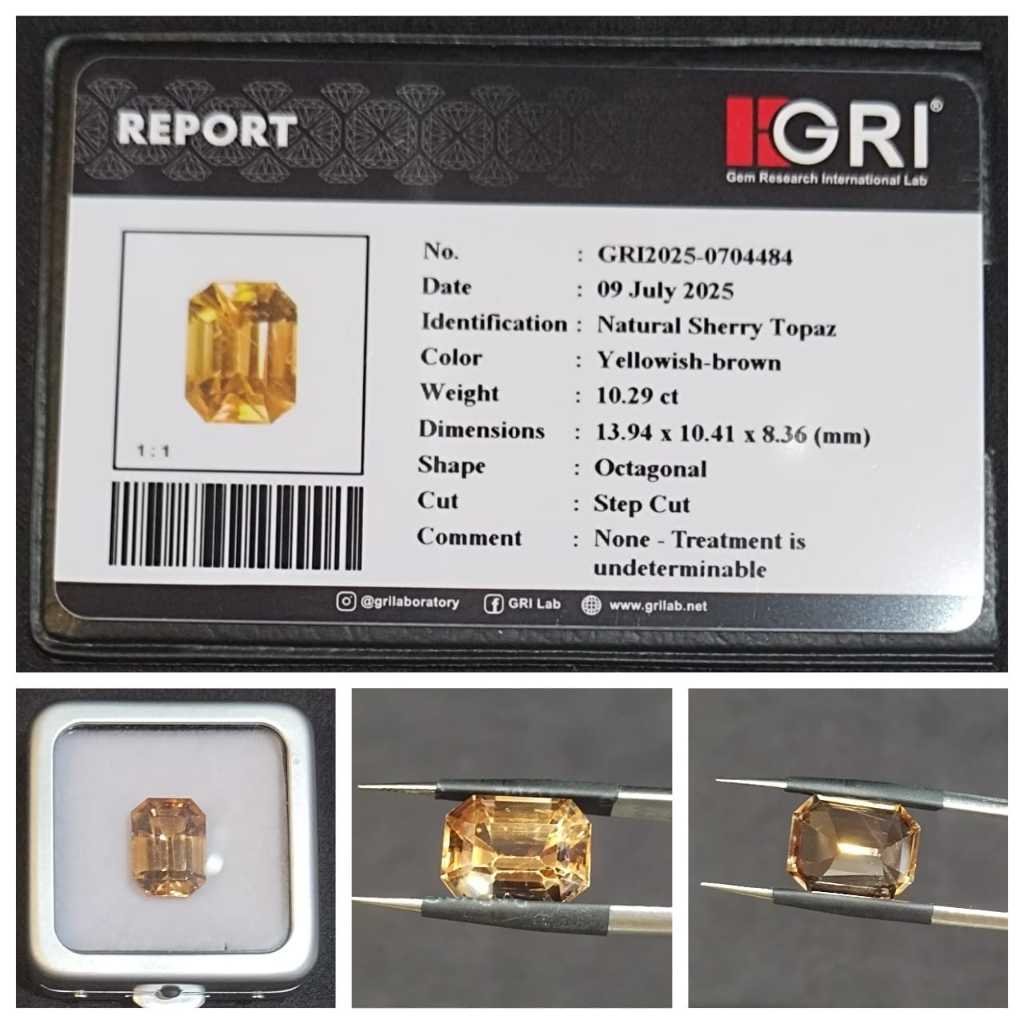 Natural Sherry Topaz 10.29ct Octagonal Step Cut Certified GRI Batu Permata