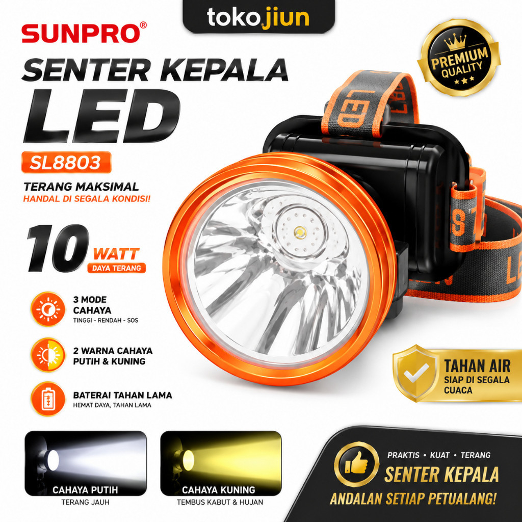 Senter Kepala Sunpro 10W SL8803 Headlamp LED Flashlight