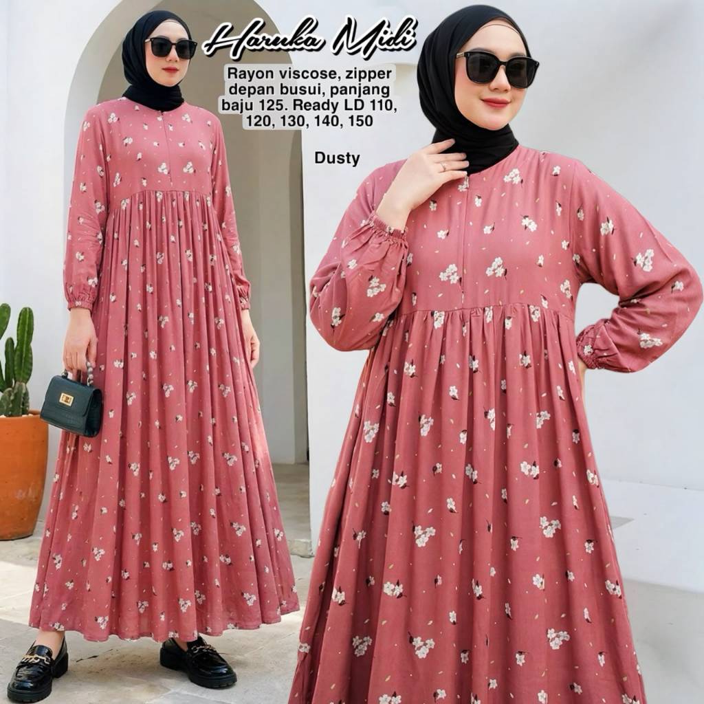 Haruka Midi - Midi Dress Jumbo LD 150 140 130 120 110 PB 125 Rayon Adem Motif Bunga XL XXL XXXL XXXX