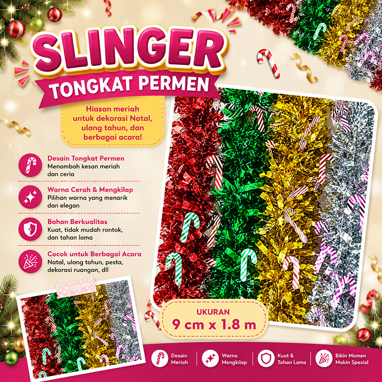 Slinger Tongkat Permen, slinger Warna Warni, Hiasan Dekorasi,slinger dekorasi natal, slinger hiasan 