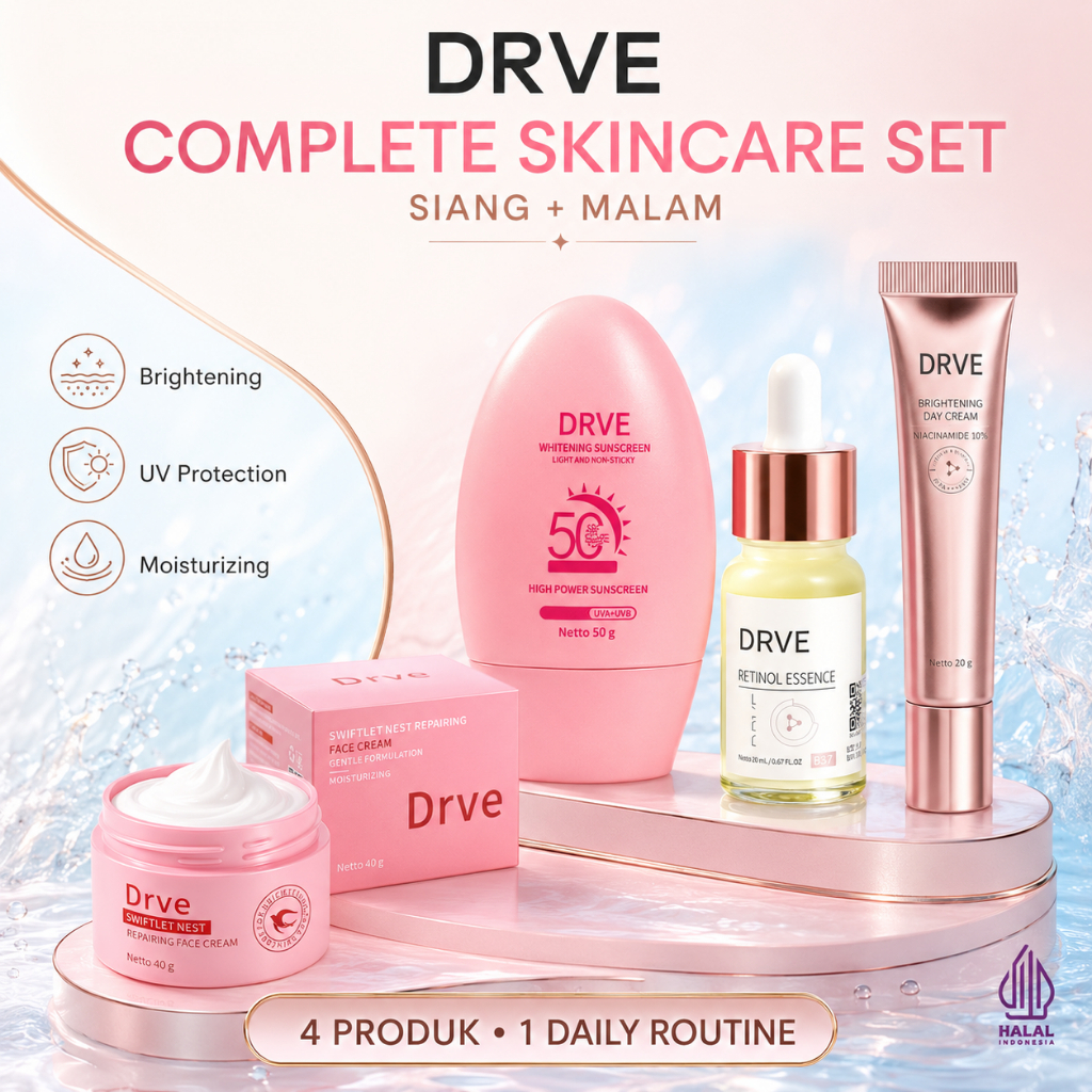 DRVE 4PCS Paket Skincare 4 in 1 Day Night Care Brightening Sunscreen SPF50 PA+++ Retinol Essence Bri