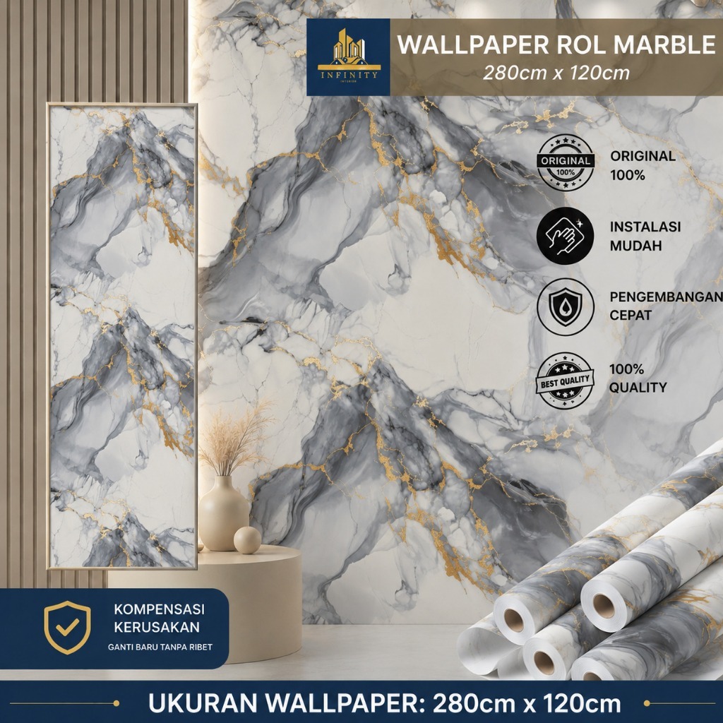 Wallpaper Dinding Motif Vinyl Marble Foam Roll Sticker Kamar Dekorasi PET 120 x 280cm Wallpaper Marm