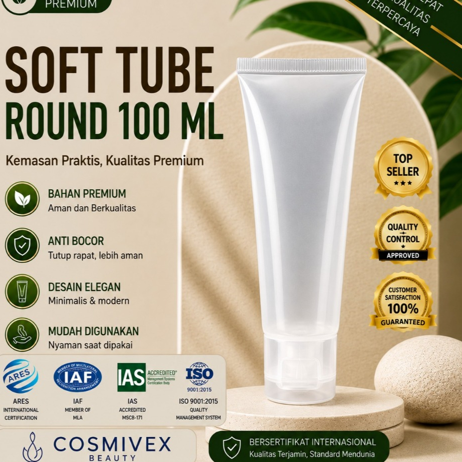 Soft Tube Round 100ml Transparan Frosted dengan Tutup Fliptop – Kemasan Kosmetik Skincare, Cream, Lo