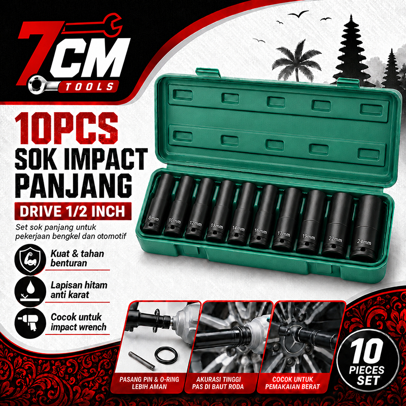 10Pcs Mata Socket 1/2‘’ 8-24mm Impact Kunci Socket/Kunci shock Impact socket set/Impact sock impact 