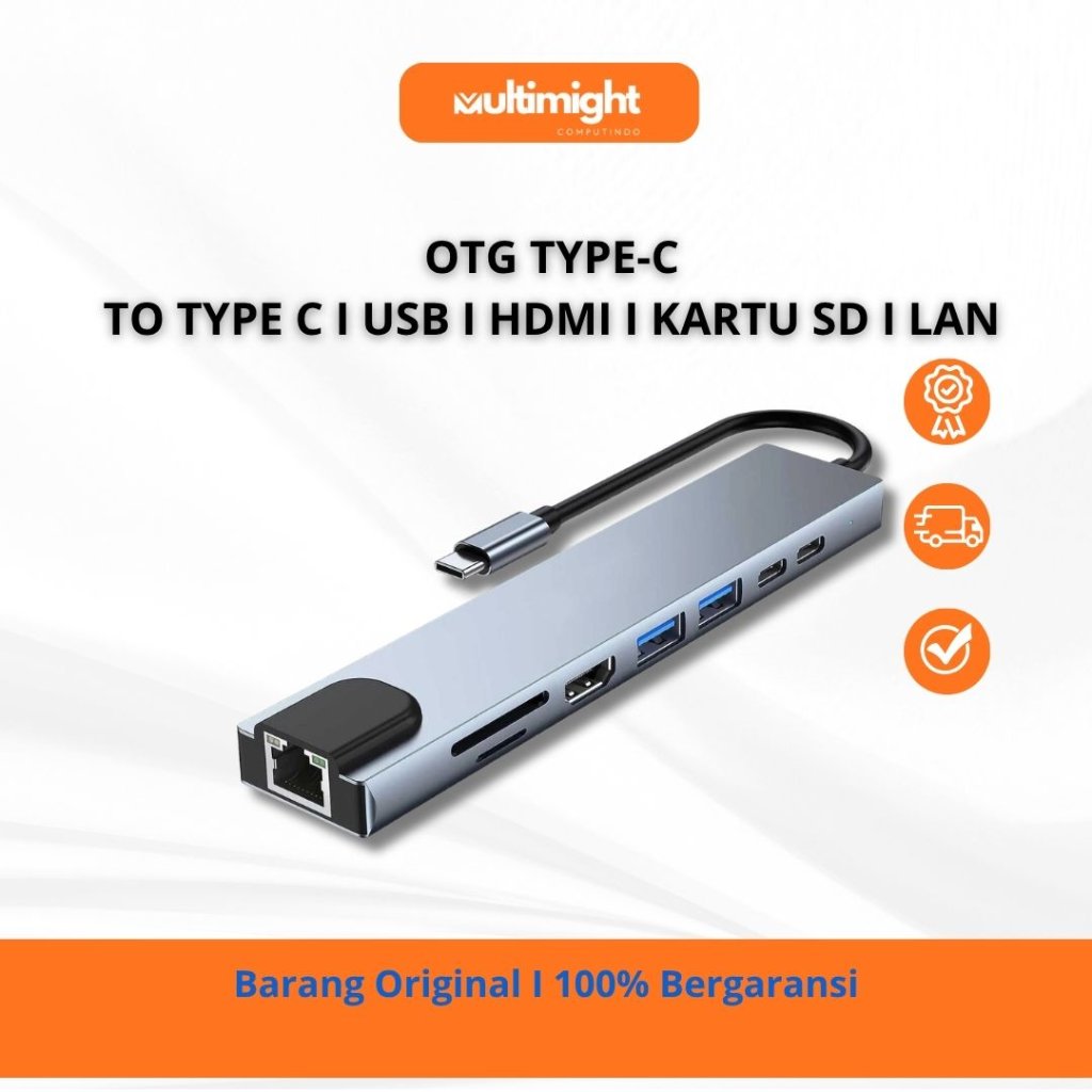 OTG 8in1 Type-C to Type-C USB HDMI Micro SD MSD Kartu Memory LAN Internet untuk MacBook Tablet Pad