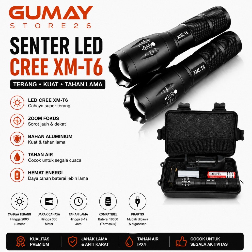 Paket Fulset Senter Led Cree XM-T6 8000Lumens /Senter LED XM-L2 Fullset