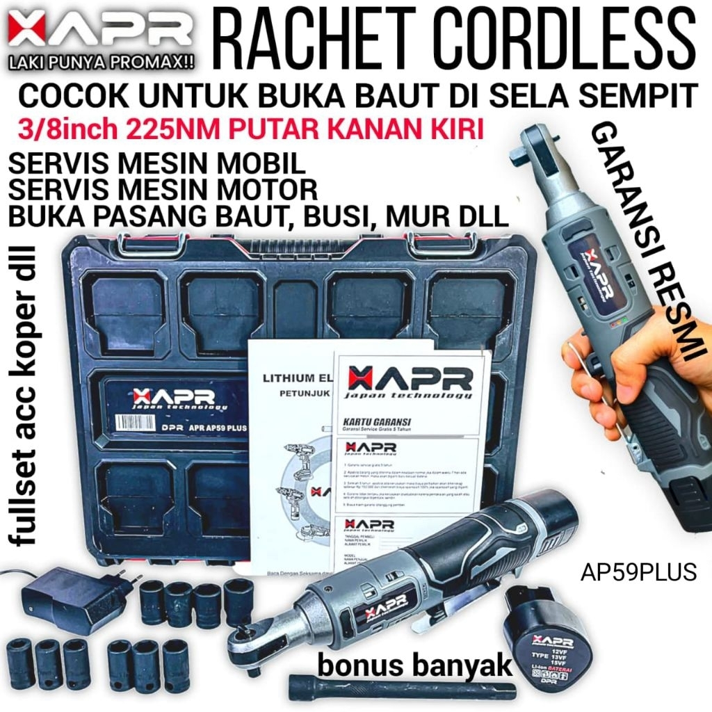 PROMO KING XAPR RACHET CORDLESS Type AP59+ Rachet 3/8inch 225nm untuk baut 8 - 17 alat buka baut mes