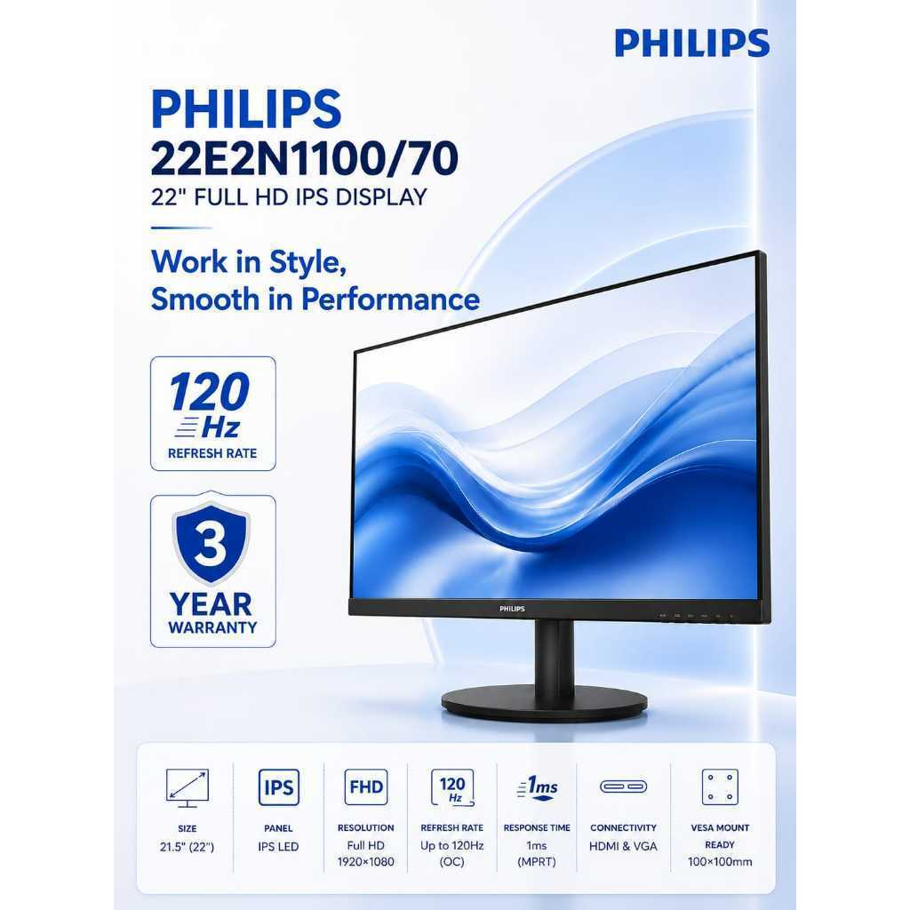 LED Monitor Philips 22 inch 22E2N1100 Full HD 1080P 120Hz 1ms IPS HDMI VGA Resmi