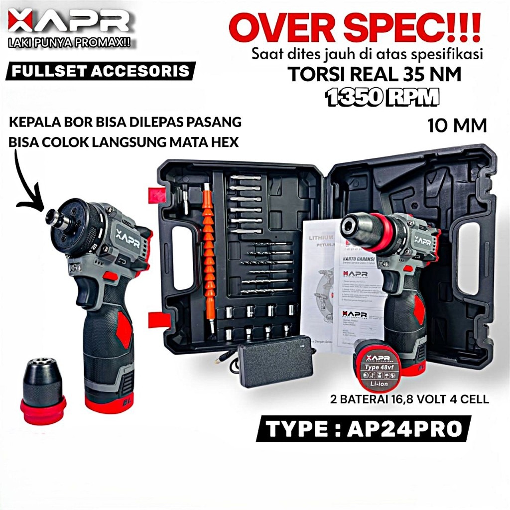 Bor Baterai 10mm XAPR AP24PRO Brushless Cordless Screwdriver 2 Baterai Bor Kayu Sekrup Multiplek