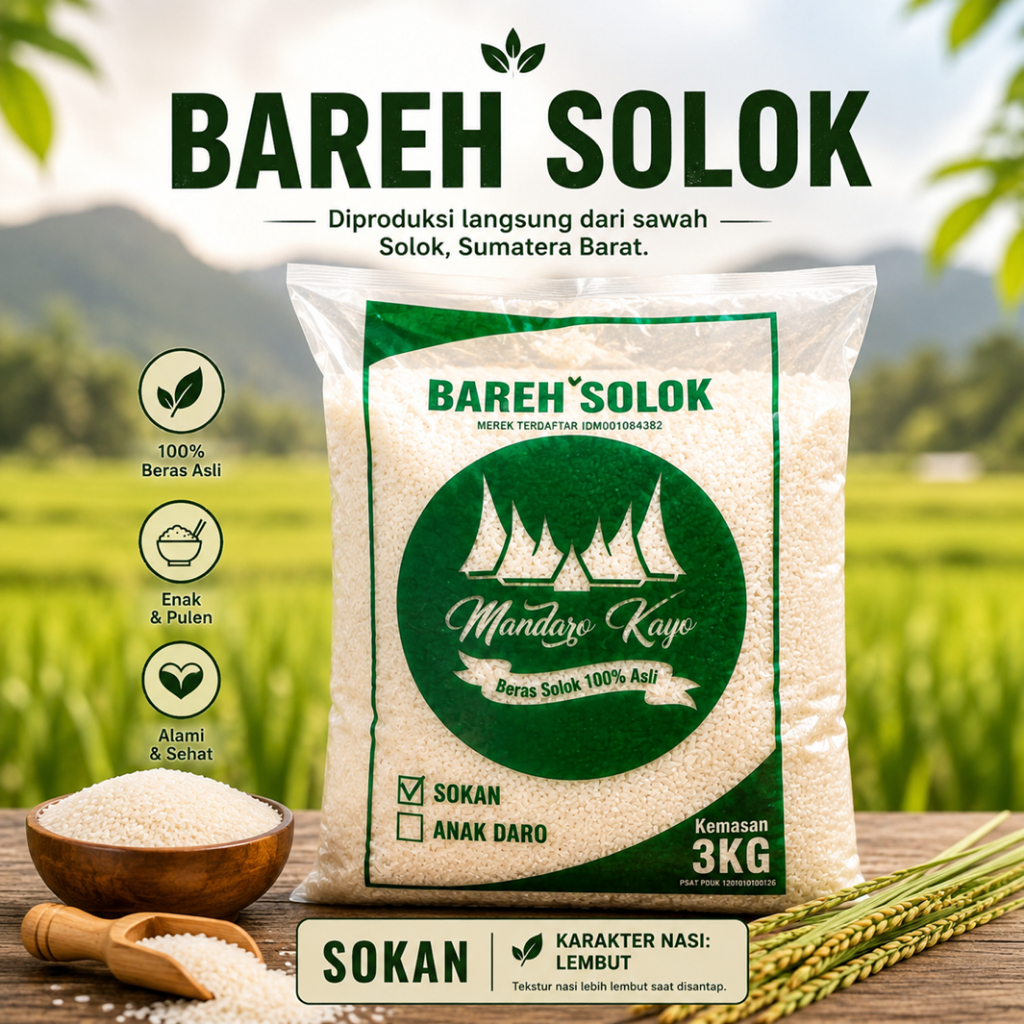 Beras Solok SOKAN 3kg - Bareh Solok Premium Sumatera Barat - Beras Padang