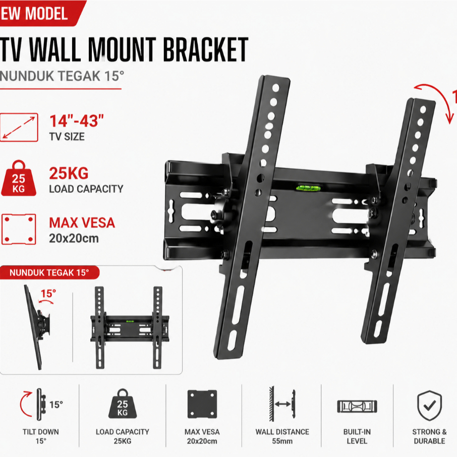 Bracket Dinding TV TCL 14–43 Inch Universal Material Full Besi Include Waterpass & Baut