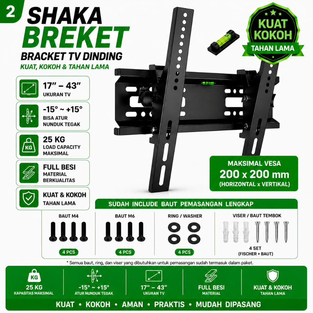 Bracket TV TCL 14–43 Inch Premium Full Besi Universal + Waterpass & Baut Pemasangan
