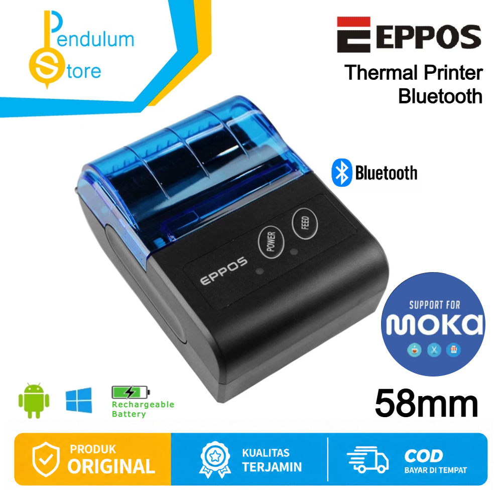 EPPOS Mini Thermal Printer Bluetooth PT-02 EP5813 58mm SUPPORT MOKA Portable Rechargeable Battery Ga