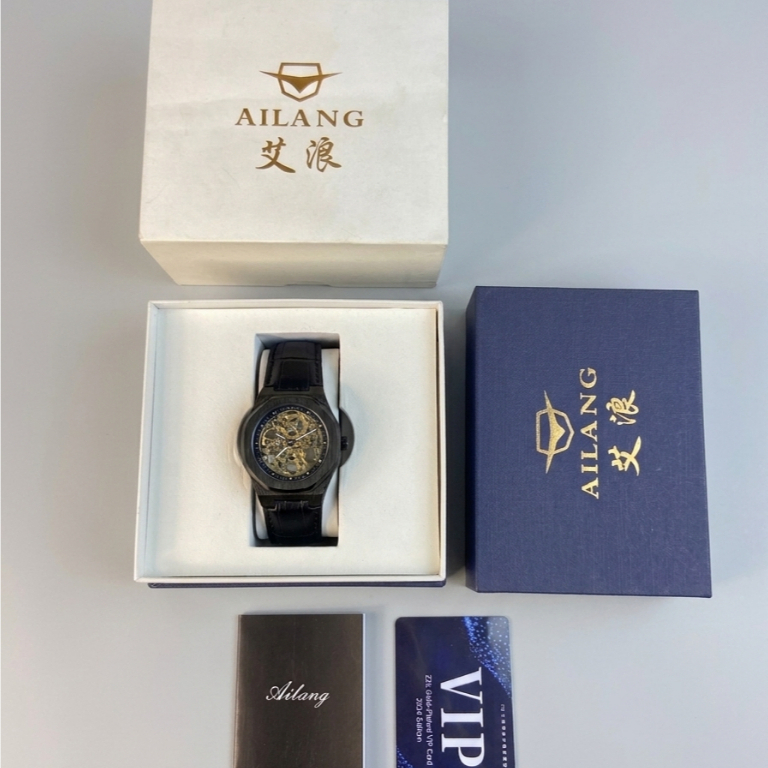 Jam Tangan AILANG Automatic Mechanical Skeleton Pria Leather Strap Black box