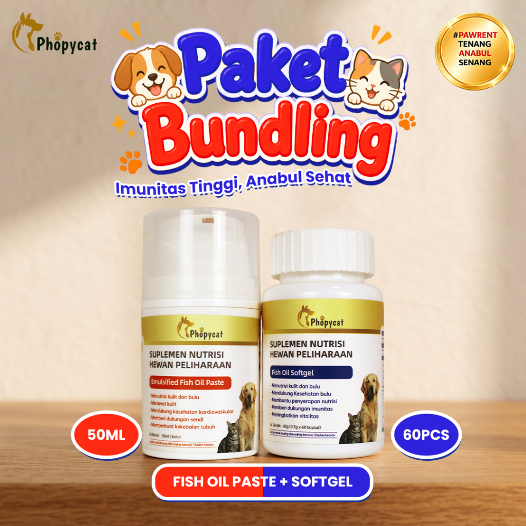 PHOPYCAT Paket Bulu Berkilau dan Sehat | Fish Oil Emulsion Paste + Fish Oil Softgel | Nutrisi Minyak