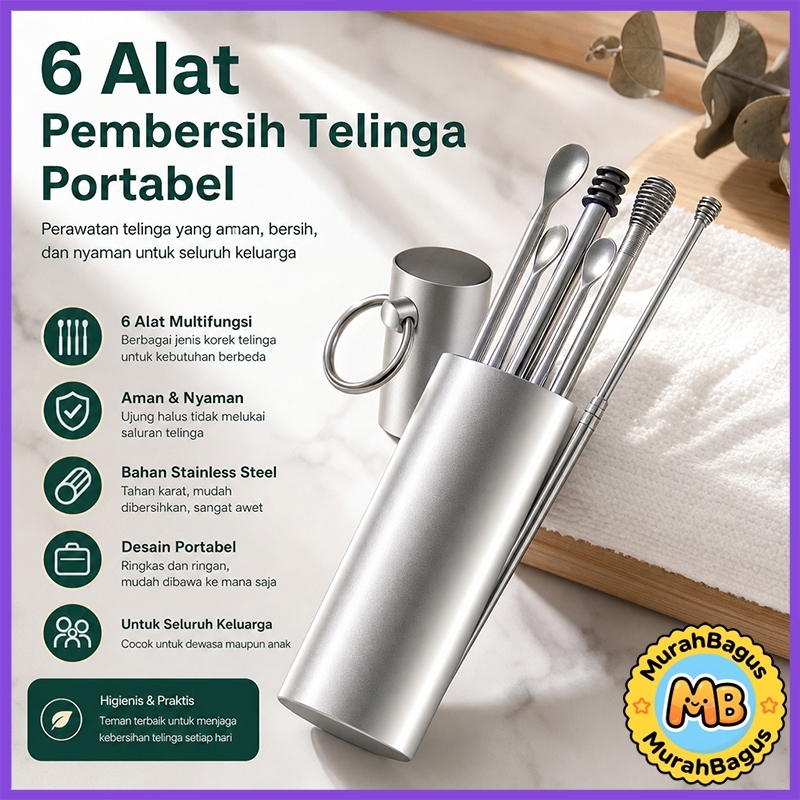 Set alat pembersih telinga portabel 6 buah baru, pembersih telinga, pembersih telinga portabel, pemb
