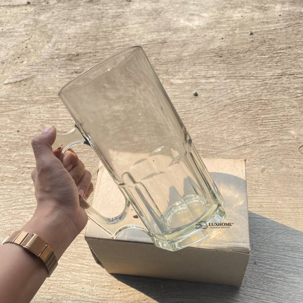 Gelas Kaca Tinggi Tebal Handle Kapasitas 1 Liter | Gelas Kaca Kotak Minimalis Estetik untuk jus jumb