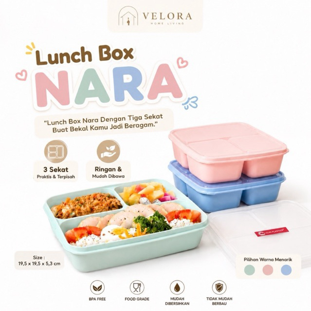 NARA LUNCH BOX CLIO -  Kotak makan Clio Nara TS 3 Sekat