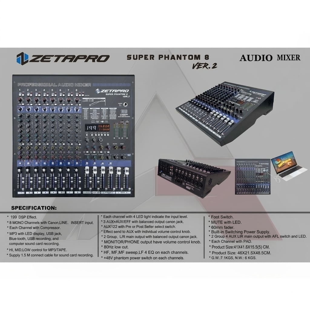 MIXER AUDIO ZETAPRO 8 CHANNEL SUPER PHANTOM 8 VER.2 / SUPER PHANTOM 8 VER 2 / SUPER PHANTOM 8 VER.II
