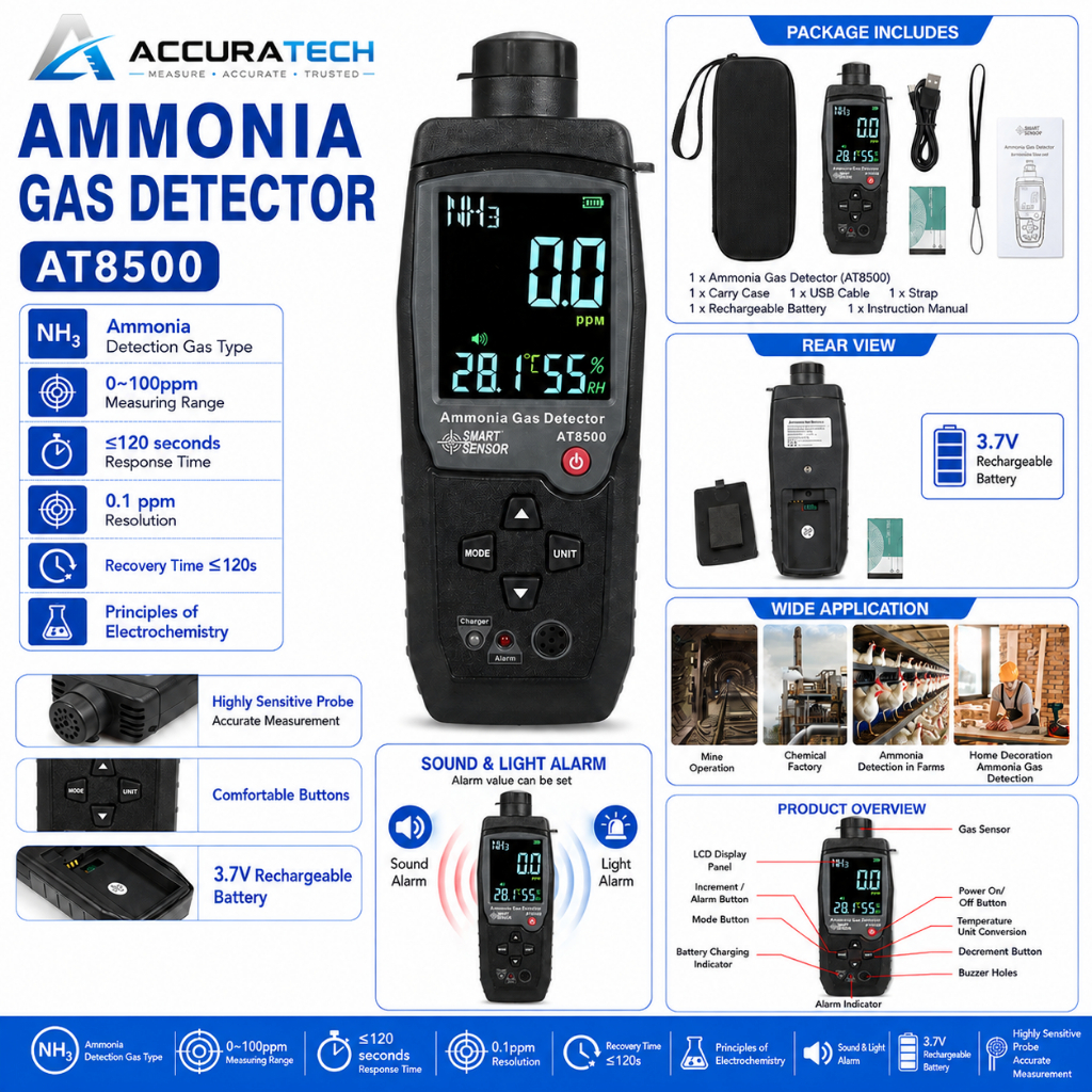 AMMONIA GAS DETECTOR SMART SENSOR AT8500 Ammonia Gas Detector Digital NH³ Gas Tester 0-100 PPM Ammon