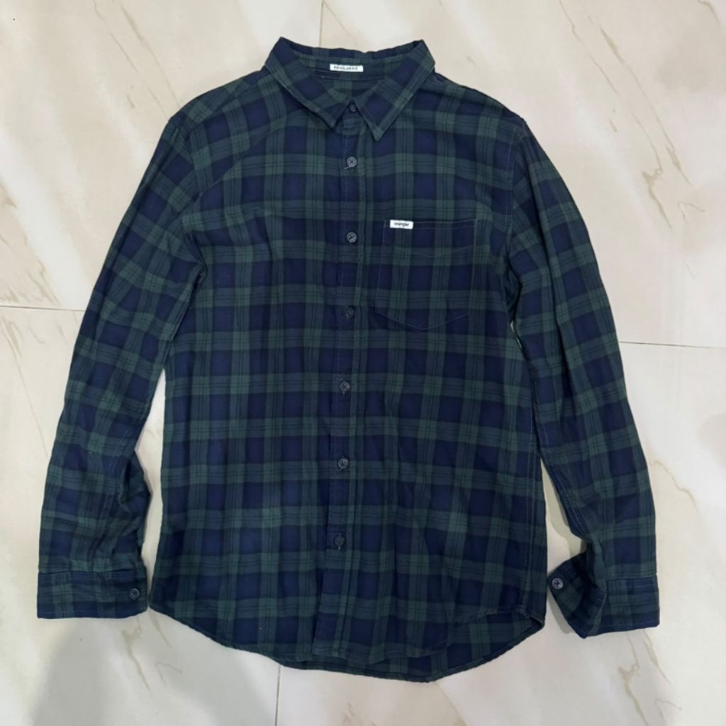 Wrangler Flannel Kemeja Green Navy Blue Regular Fit Long Sleeve