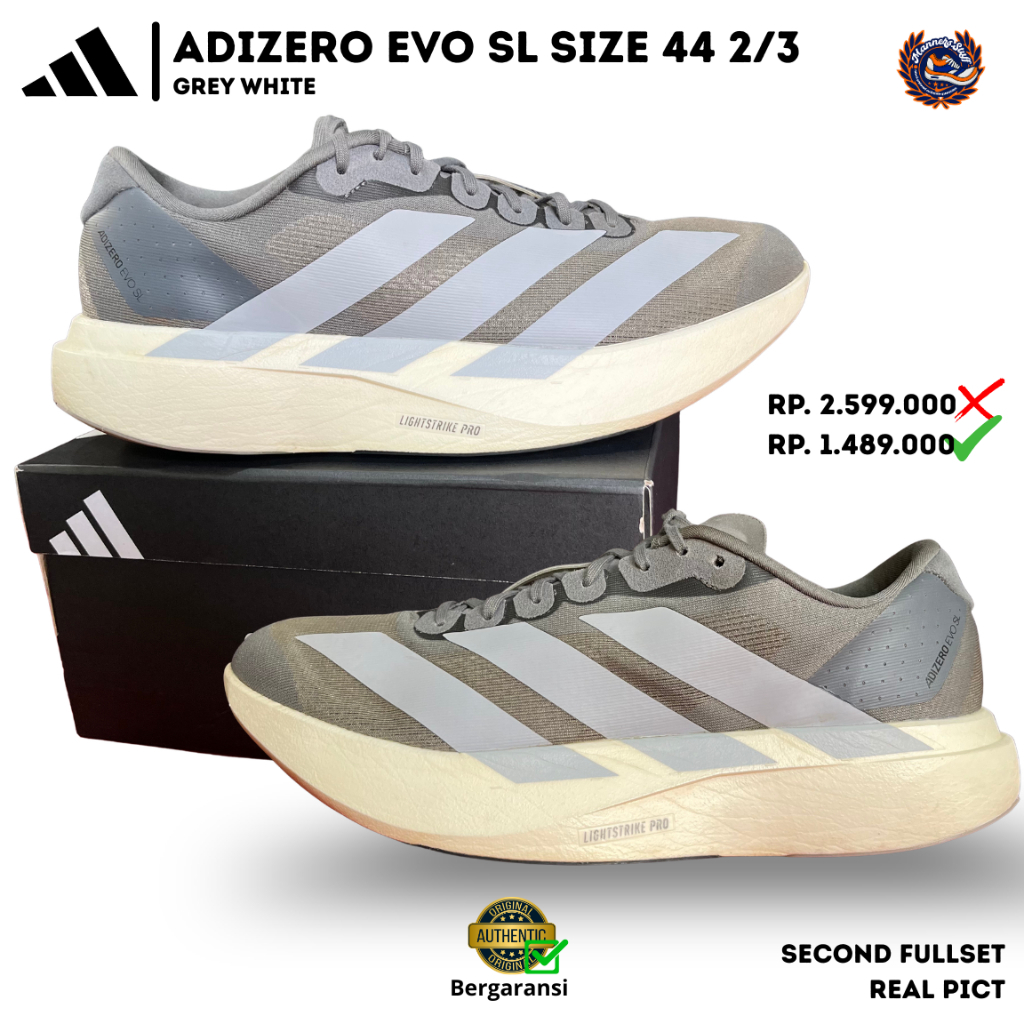 Sepatu Running Adidas Adizero Evo SL Grey White Size 44 2/3 Second Fullset Original Sneakers