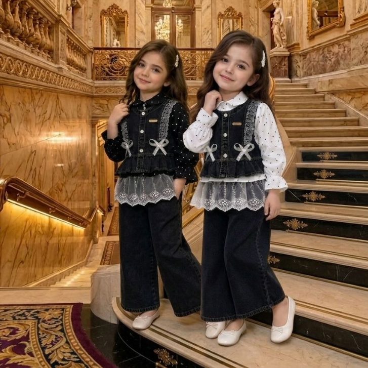 Setelan Baju Anak Perempuan Trendy Celana Kulot Levis Jeans Kemeja Polkadot Outer Renda Layer Bros P