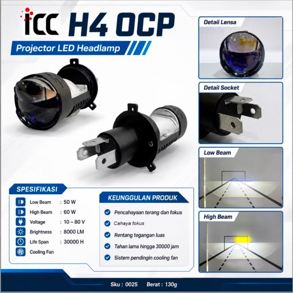 Lampu Utama H4 ICC H4 OCP Projector LED Headlamp Lensa Mini H4