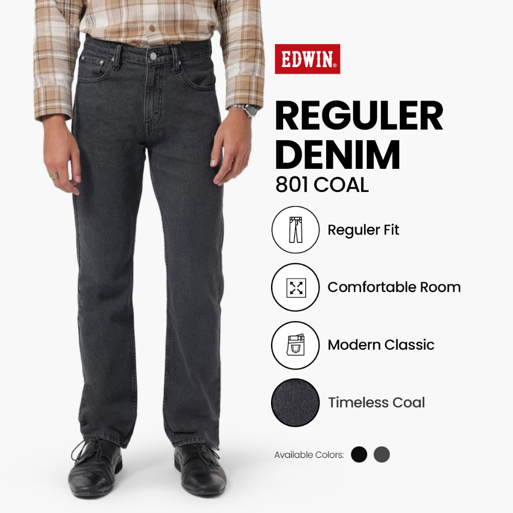 EDWIN JEANS - Celana Panjang Denim Pria Reguler Fit Twill Jeans 801 COAL Collection Celana Jeans Str