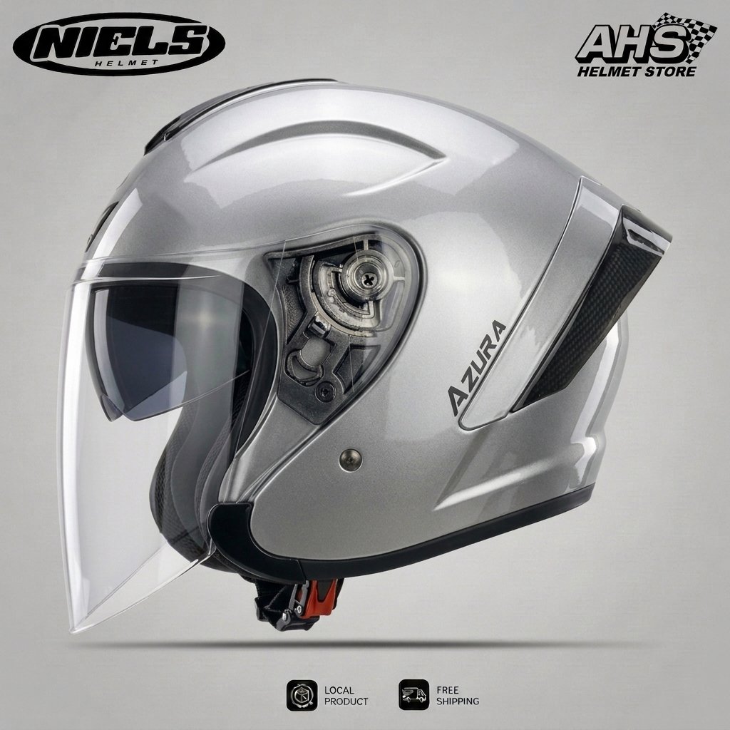 Niels Azura DV Helm Half Face Double Visor Solid Dewasa Pria Wanita Model Sporty Kekinian Standar SN