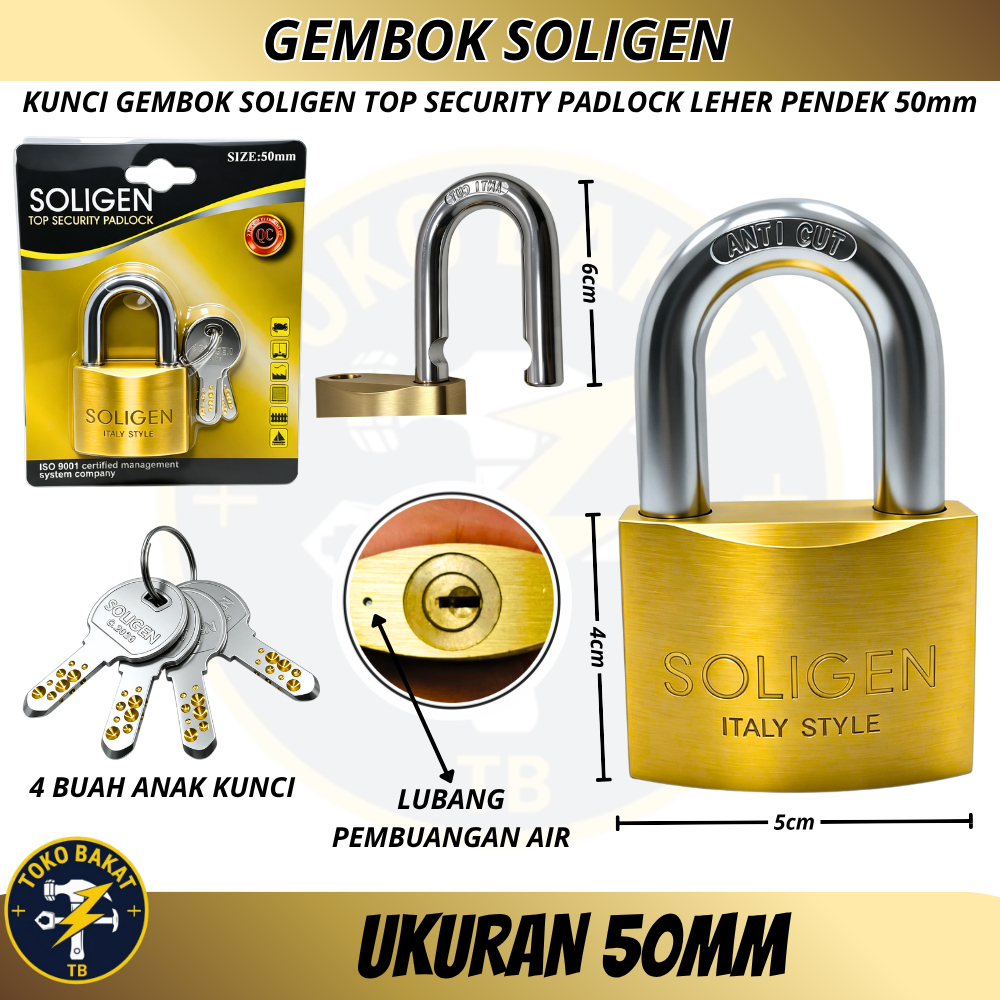 KUNCI GEMBOK SOLIGEN KUNINGAN LEHER PENDEK UKURAN 50mm / GEMBOK PINTU RUMAH SOLIGEN / KUNCI GEMBOK P