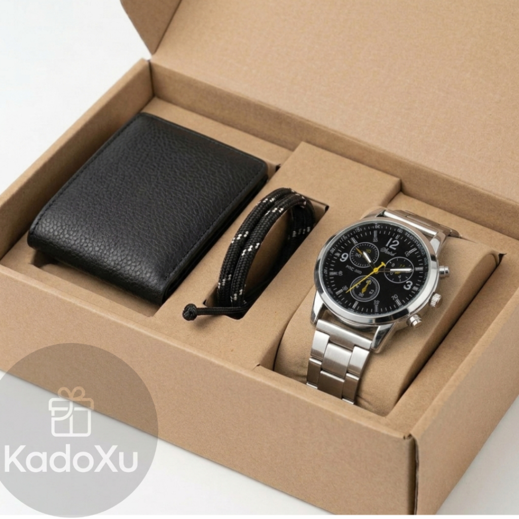 Jam Tangan Pria Set - Jam Tangan Kado - Jam Tangan Dompet Gelang Set - Kado Ulang tahun - Hampers