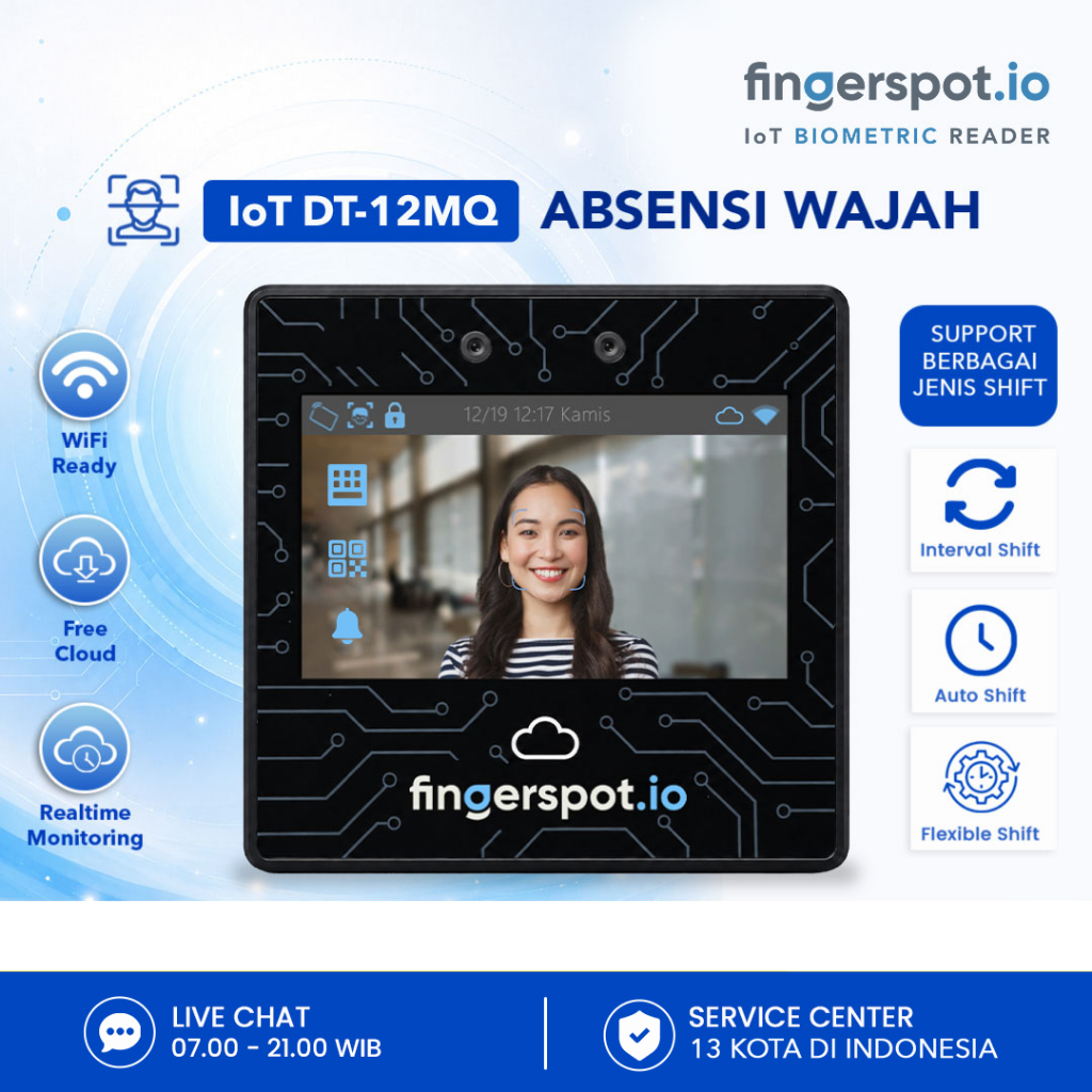 Fingerspot – IoT DT-12MQ | V900 | Mesin Absensi Wajah & Kartu RFID 13,56 MHz | WiFi | Layanan Cloud 