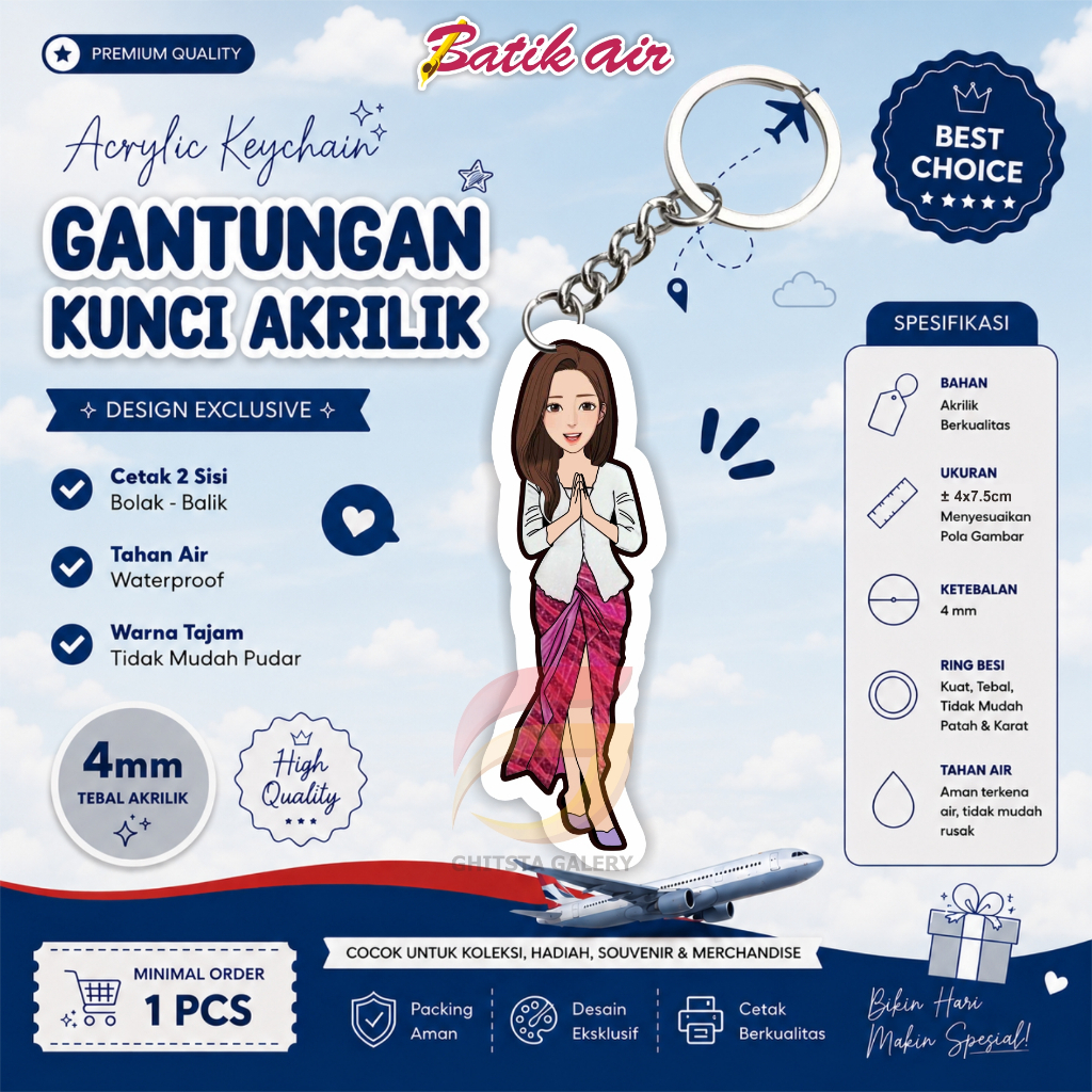 Gantungan Kunci Karakter Pramugari Batik Air - Gantungan Kunci Akrilik - Gantungan Kunci Costum Nama