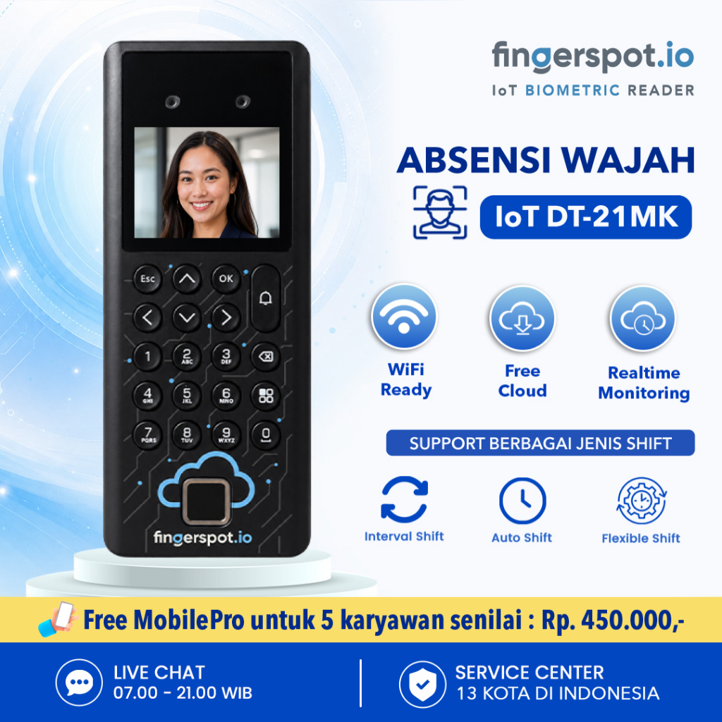 Fingerspot – IoT DT-21MK | Mesin Absensi Wajah, Sidik Jari, Kartu RFID 13,56 MHz | WiFi TCP/IP