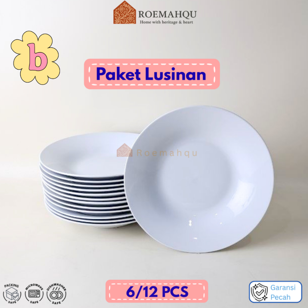 [6/12Pcs] Piring Makan Keramik Polos 9 Inch (22,5 Cm) PYRAMID - piring cekung besar deep plate Lusin