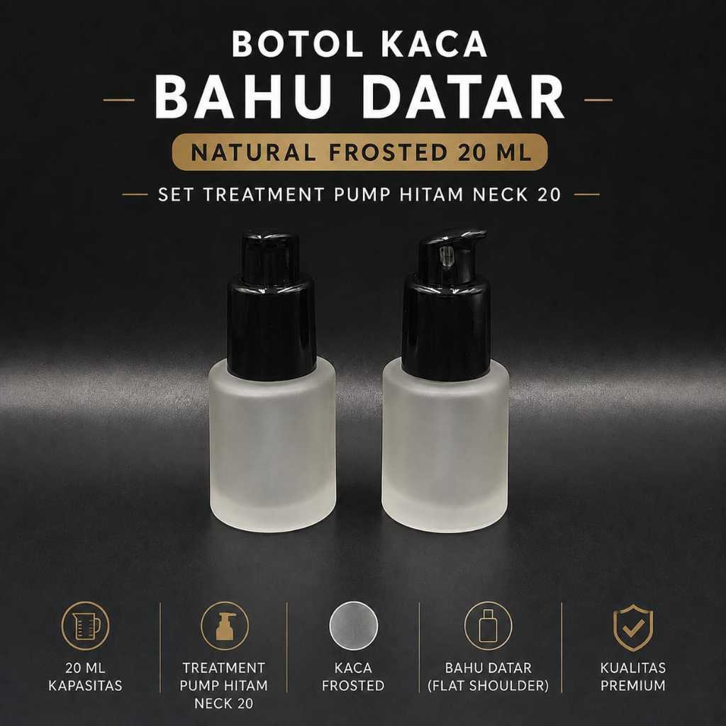 Botol Kaca 20ml Frosted Bahu datar Set Pump black / Botol Pump 20ml / Botol Kaca 20ml tutup Pump