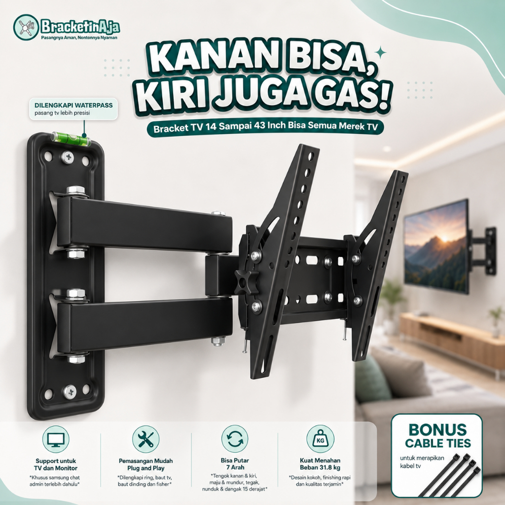 Bracket TV 14 Sampai 43 inch Universal Support Semua Merek TV LED LCD Swivel Putar 7 Arah