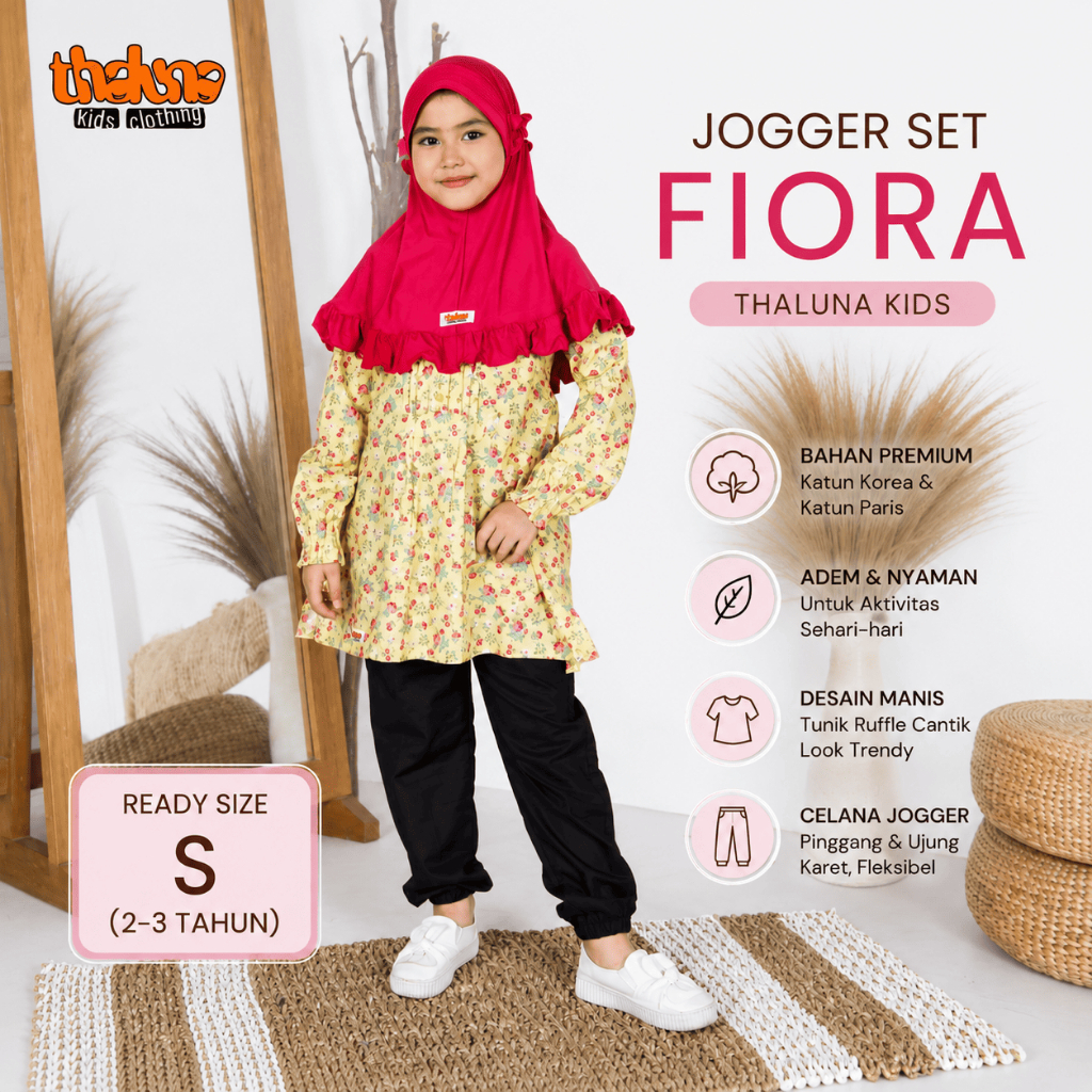 Thaluna Kids Jogger Set Fiora Anak Setelan Tunik Jogger Katun Korea Paris Size S 2–3 Tahun