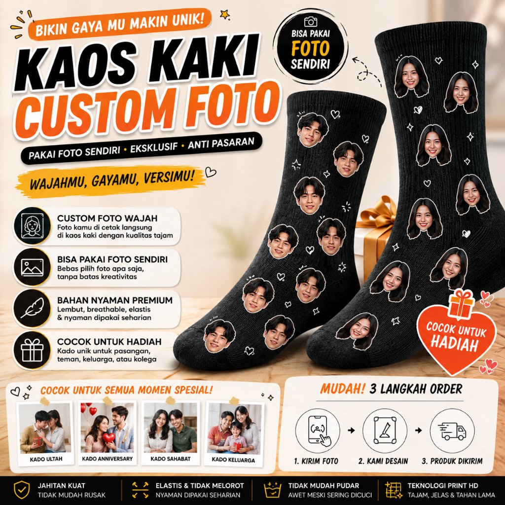 KAOS KAKI CUSTOM FACE PATTERN | KAOS KAKI CUSTOM FOTO | KADO | HADIAH