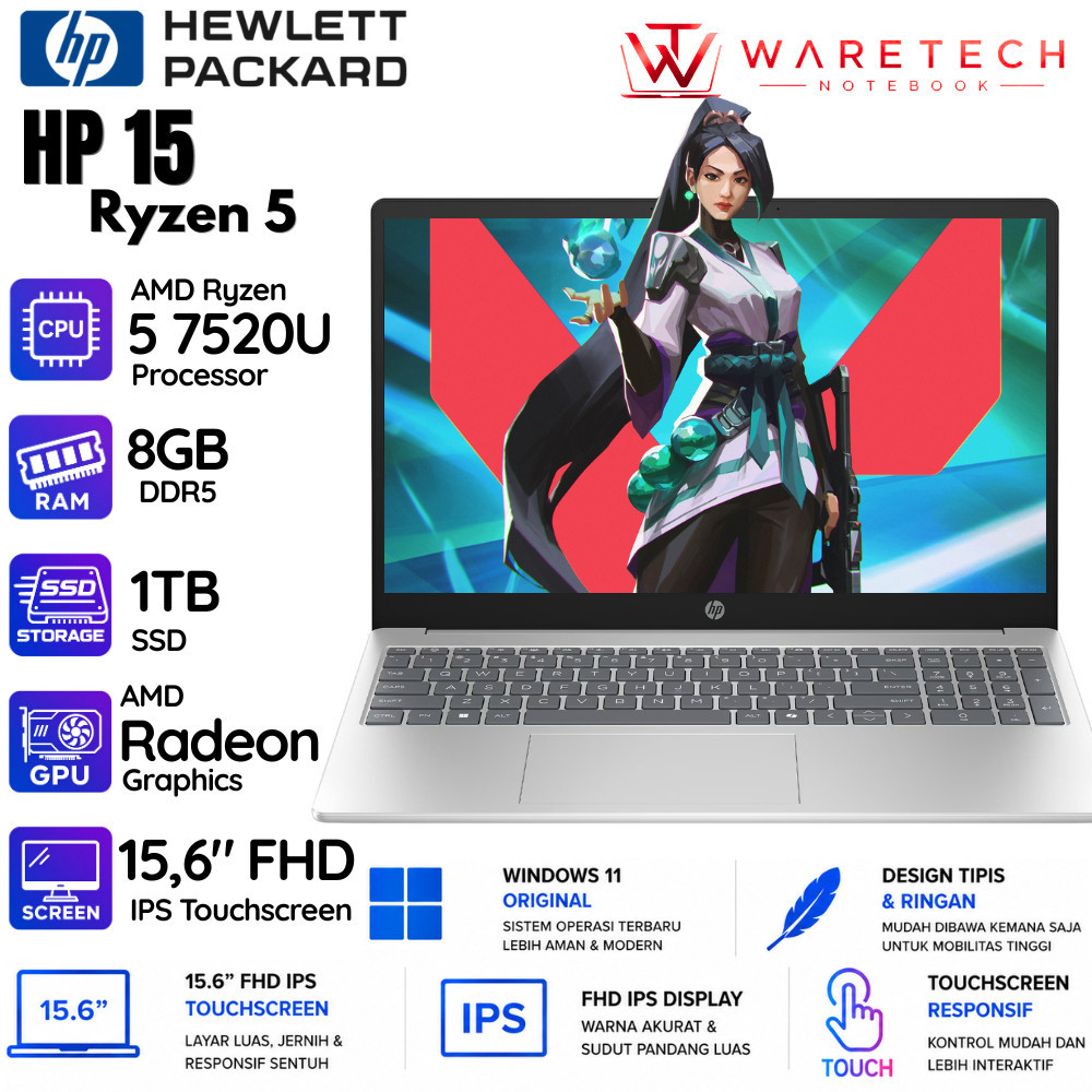 Laptop HP 15 Ryzen 5 AMD Ryzen 5 7520U 8GB DDR4 1TB SSD 15.6" FHD IPS Touchscreen Windows 11