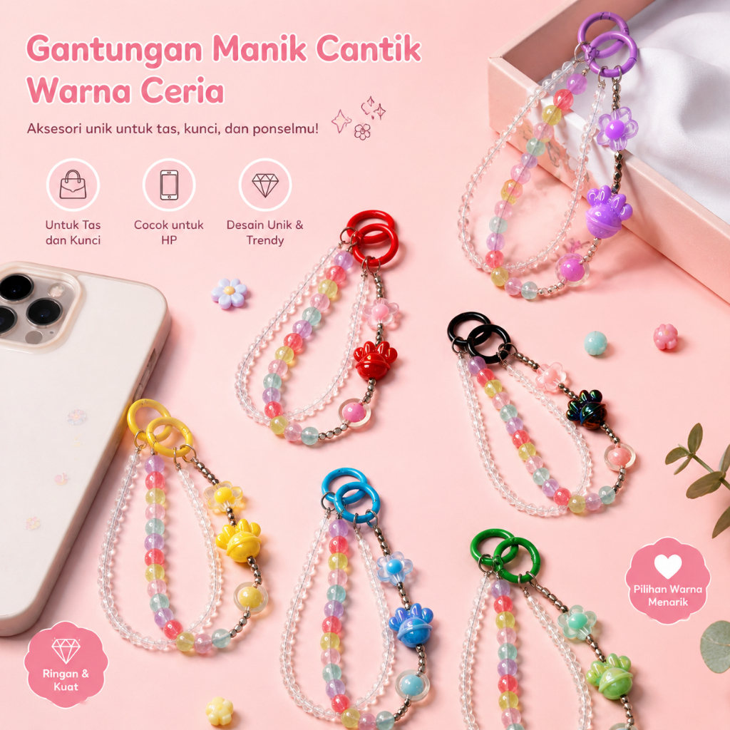 Gantungan ponsel rantai manik-manik kristal mewah, gantungan kunci manik-manik warna-warni, gantunga