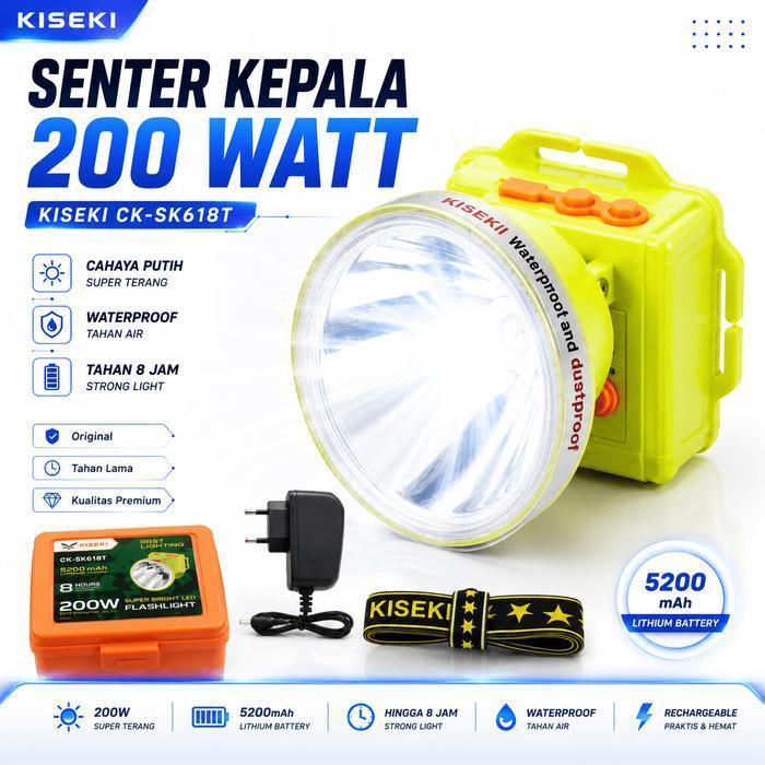 Senter Kepala Kiseki CK-SK618T 200Watt Cahaya Putih Kekuningan Super Terang Baterai 5200mAh